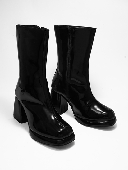 Eleanor Black Patent Block Heel Boots
