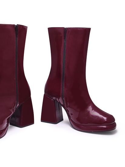 Eleanor Maroon Patent Block Heel Boots