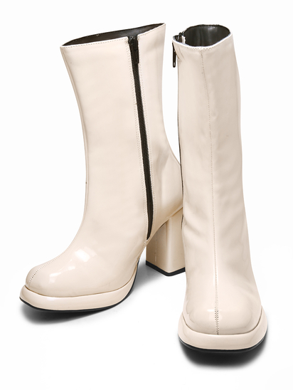 Eleanor Cream Patent Block Heel Boots