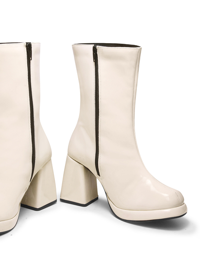 Eleanor Cream Patent Block Heel Boots