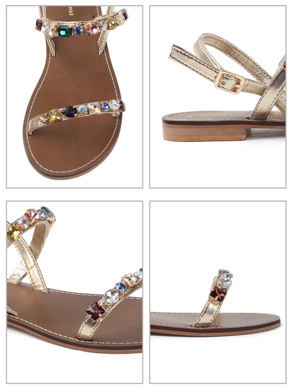 Gold leather flat sandle with stone embellishments
