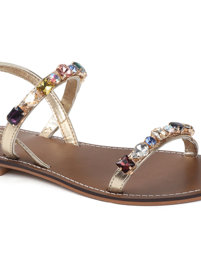 Gold leather flat sandle with stone embellishments