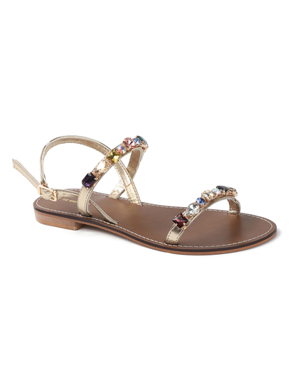 Gold leather flat sandle with stone embellishments