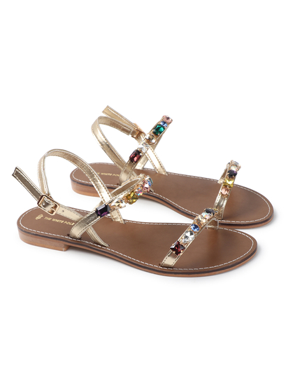 Gold leather flat sandle with stone embellishments