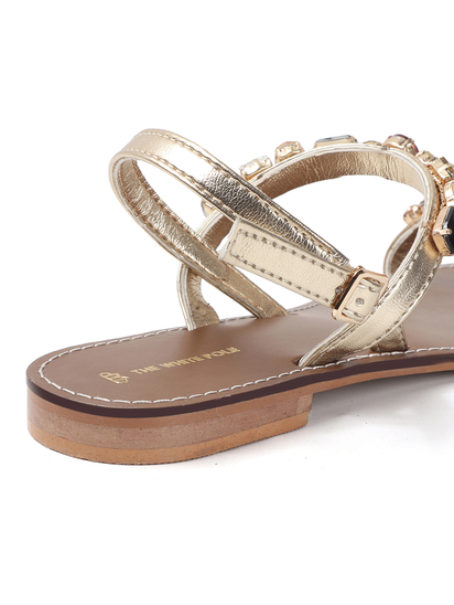Gold leather flat sandle with stone embellishments
