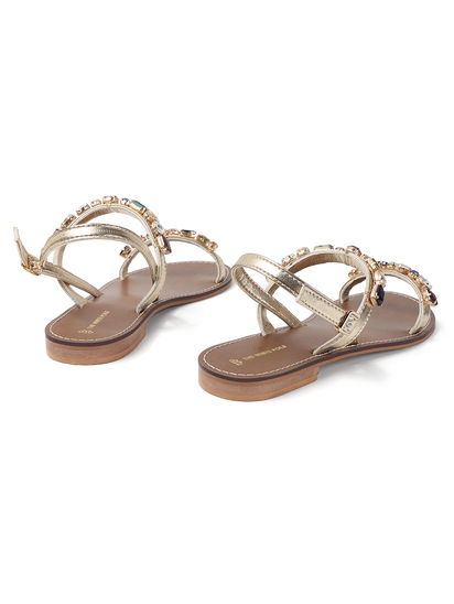 Gold leather flat sandle with stone embellishments