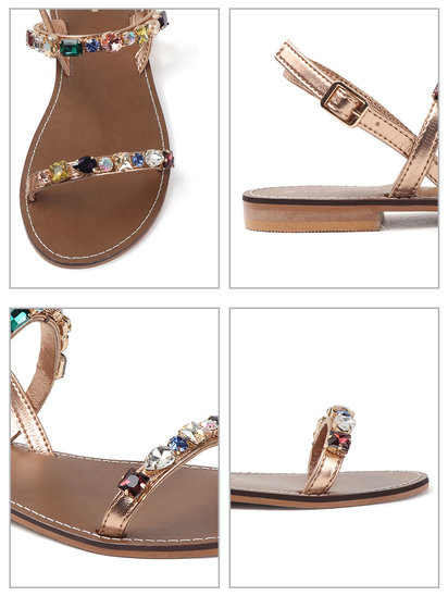Rose Gold leather flat sandle with stone embellishments