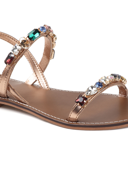 Rose Gold leather flat sandle with stone embellishments