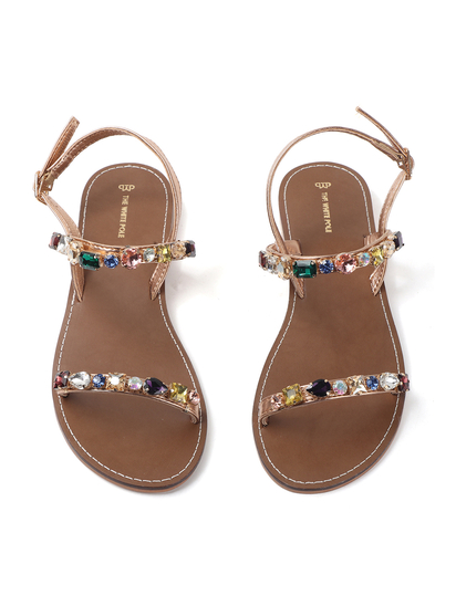 Rose Gold leather flat sandle with stone embellishments