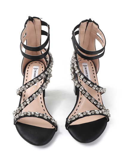 Black block heel with crystal embellishments