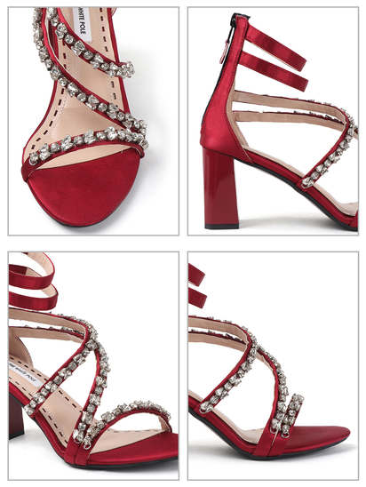 Red block heel with crystal embellishments