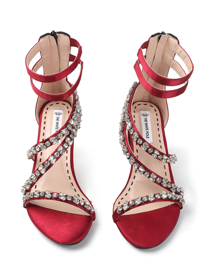 Red block heel with crystal embellishments