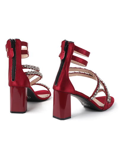 Red block heel with crystal embellishments