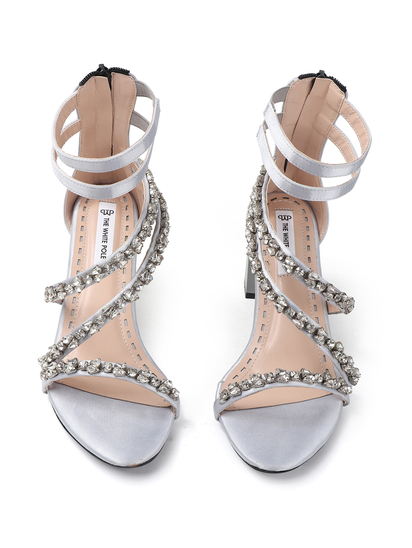 Silver block heel with crystal embellishments
