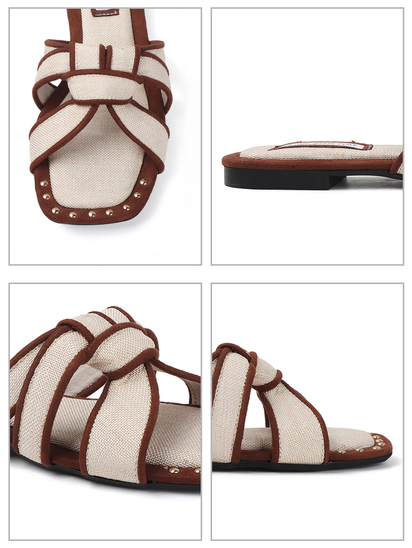 White Brown two-tone canvas slides with woven straps and studded trim Flats