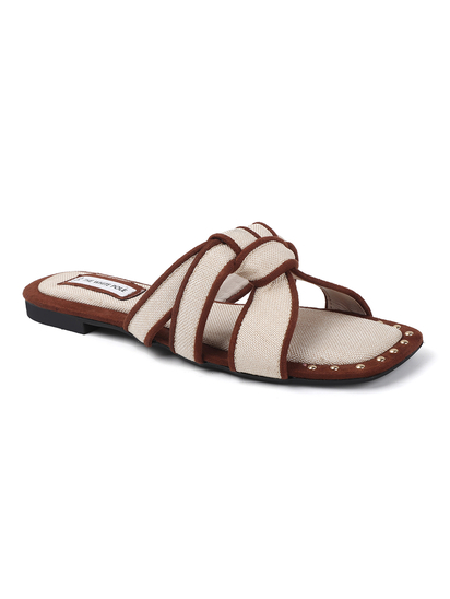 White Brown two-tone canvas slides with woven straps and studded trim Flats