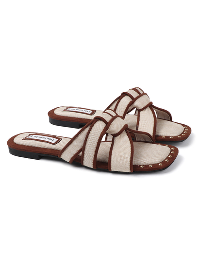 White Brown two-tone canvas slides with woven straps and studded trim Flats