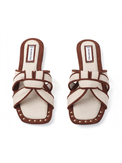 White Brown two-tone canvas slides with woven straps and studded trim Flats