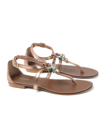 Leather Jeweled Metallic Sandal in Rose Gold