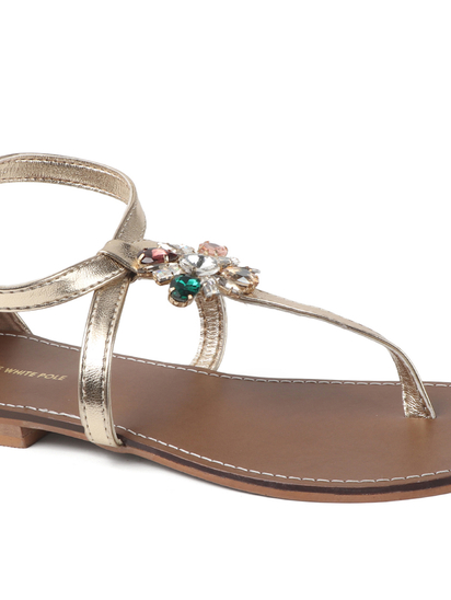 Leather Jeweled Metallic Sandal in Gold