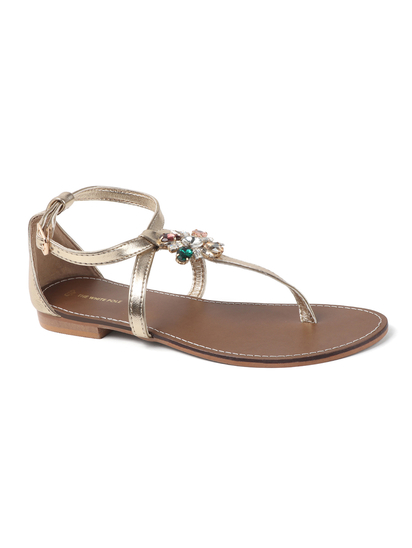 Leather Jeweled Metallic Sandal in Gold