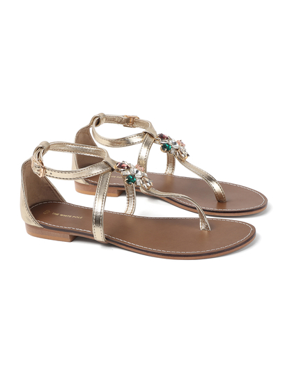 Leather Jeweled Metallic Sandal in Gold