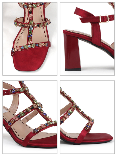 Three-Strap Red Block Heels with Multicolour Jewels