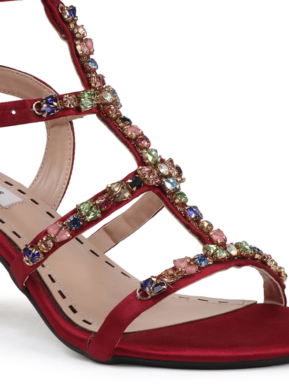 Three-Strap Red Block Heels with Multicolour Jewels