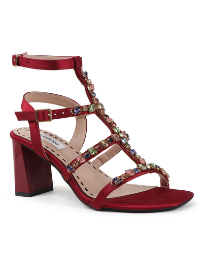 Three-Strap Red Block Heels with Multicolour Jewels