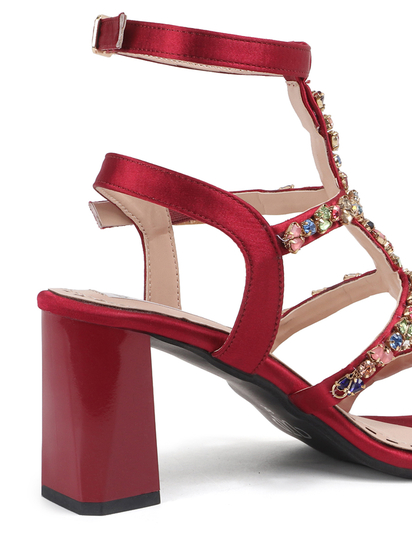 Three-Strap Red Block Heels with Multicolour Jewels