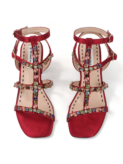 Three-Strap Red Block Heels with Multicolour Jewels