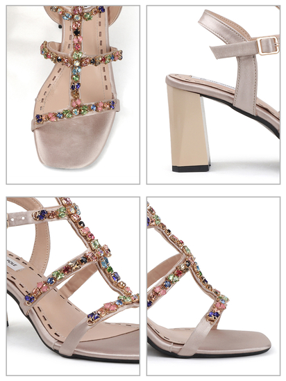 Three-Strap Beige Block Heels with Multicolour Jewels
