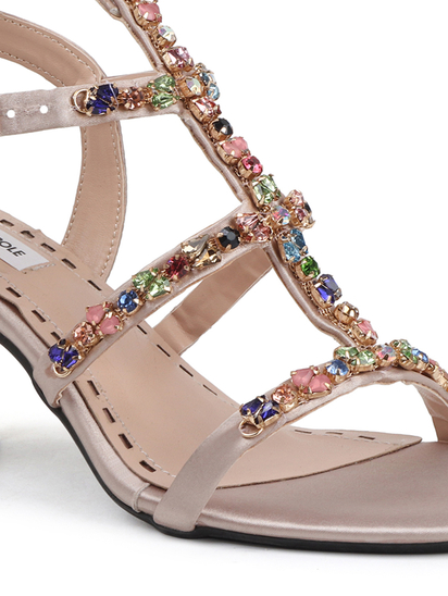 Three-Strap Beige Block Heels with Multicolour Jewels