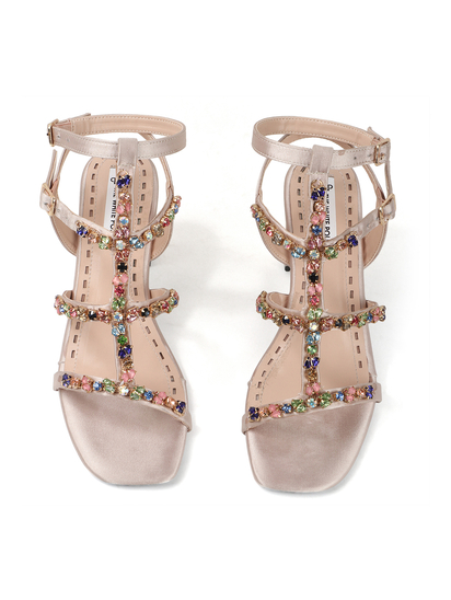 Three-Strap Beige Block Heels with Multicolour Jewels