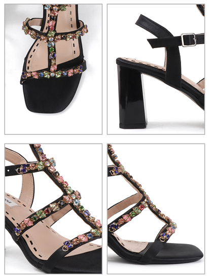 Three-Strap Black Block Heels with Multicolour Jewels