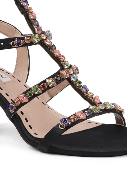 Three-Strap Black Block Heels with Multicolour Jewels