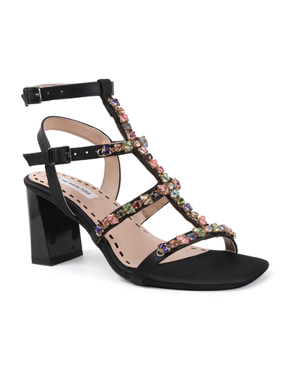 Three-Strap Black Block Heels with Multicolour Jewels