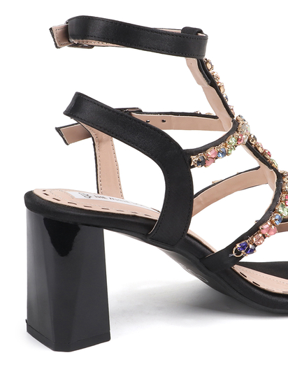 Three-Strap Black Block Heels with Multicolour Jewels