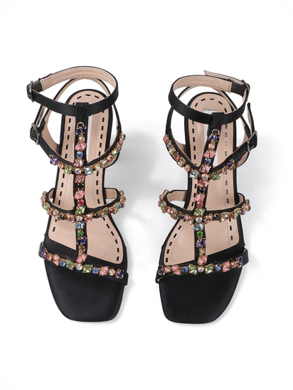 Three-Strap Black Block Heels with Multicolour Jewels