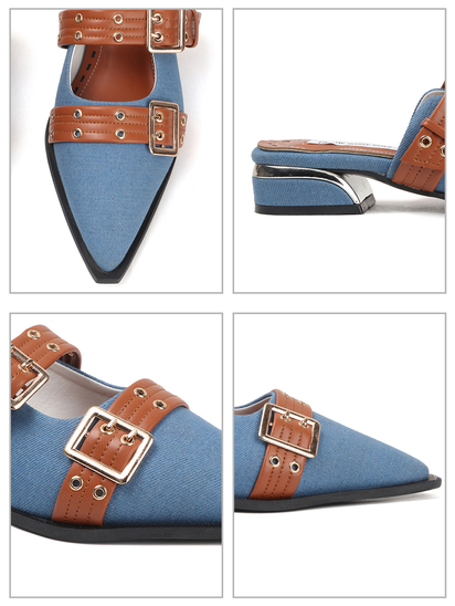 Pointed-toe denim mule shoe