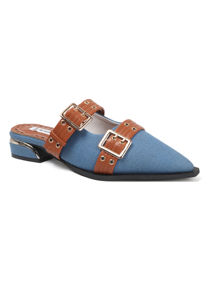 Pointed-toe denim mule shoe