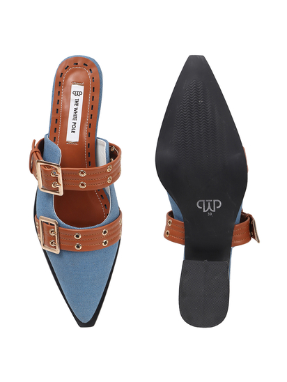 Pointed-toe denim mule shoe