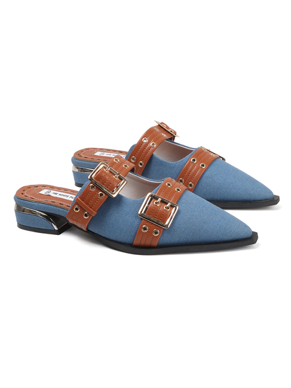 Pointed-toe denim mule shoe