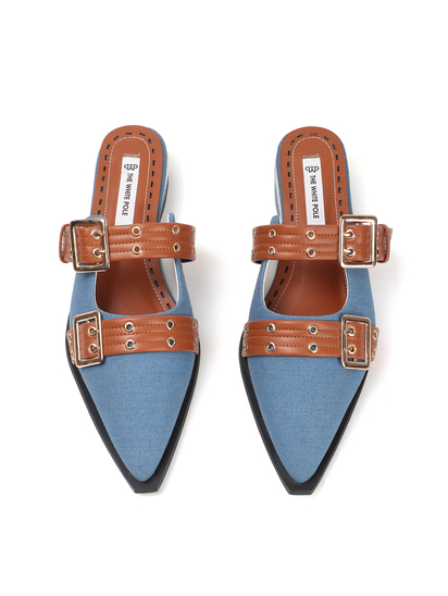 Pointed-toe denim mule shoe
