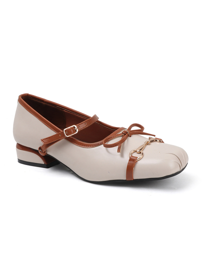 White and Brown leather mary jane ballet flats