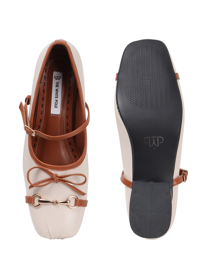 White and Brown leather mary jane ballet flats