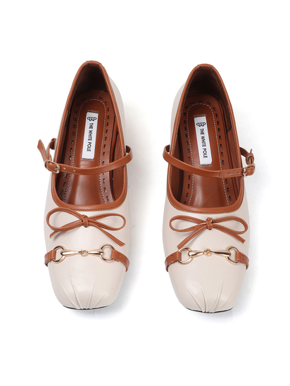 White and Brown leather mary jane ballet flats