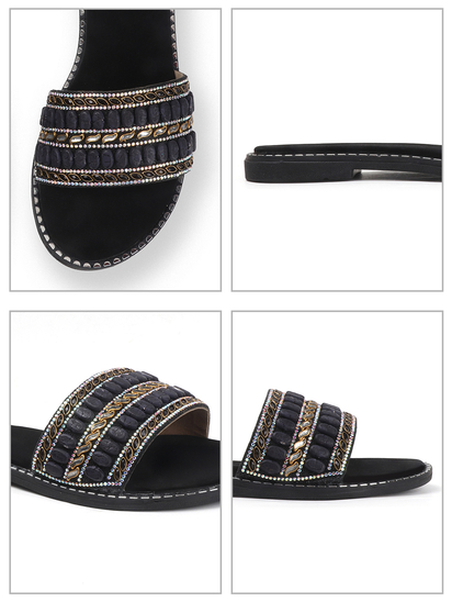 Black Embellished Slip-On Flats With Gold Bead Detailing