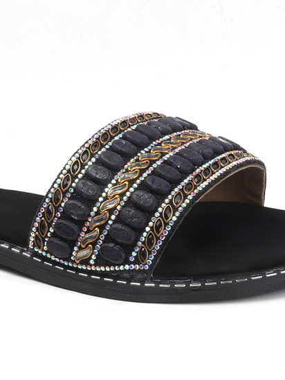 Black Embellished Slip-On Flats With Gold Bead Detailing