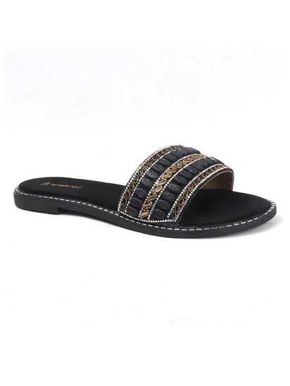 Black Embellished Slip-On Flats With Gold Bead Detailing